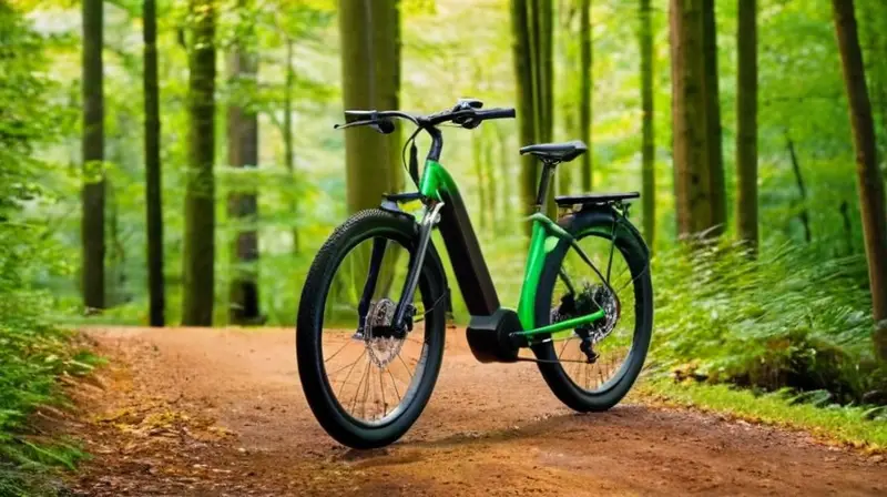 Una e-bike moderna y elegante de marco negro mate, con detalles verdes, neumáticos robustos y un diseño aerodinámico, lista para la aventura en un entorno forestal