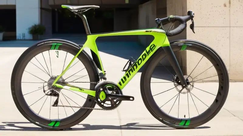 Bicicleta de carbono con diseño aerodinámico, acabados mate, detalles en verde Cannondale y geometría ergonómica