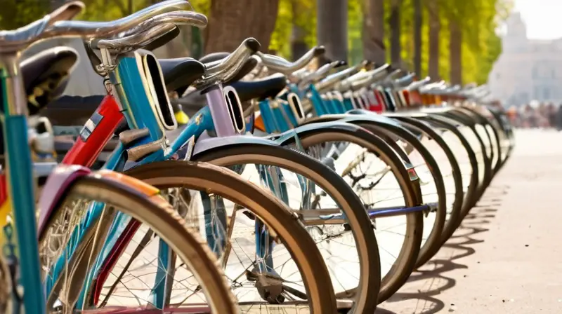 Una fila de bicicletas usadas de diversos colores y estilos, con marcos metálicos brillantes y un ambiente vibrante de mercado en España