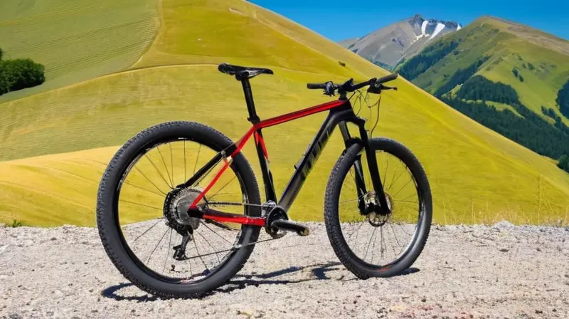 Una bicicleta de montaña robusta y negra, con detalles rojos, neumáticos gruesos y un paisaje verde de fondo, evoca aventura y exploración