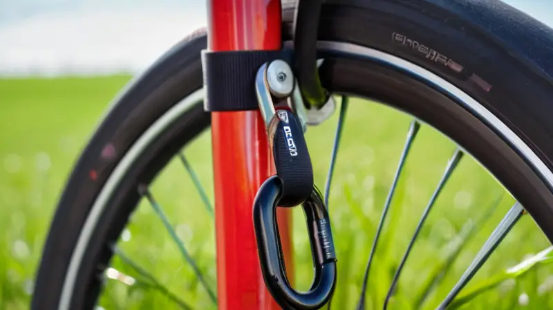 Un candado de bicicleta negro y robusto con un diseño ergonómico y detalles en rojo