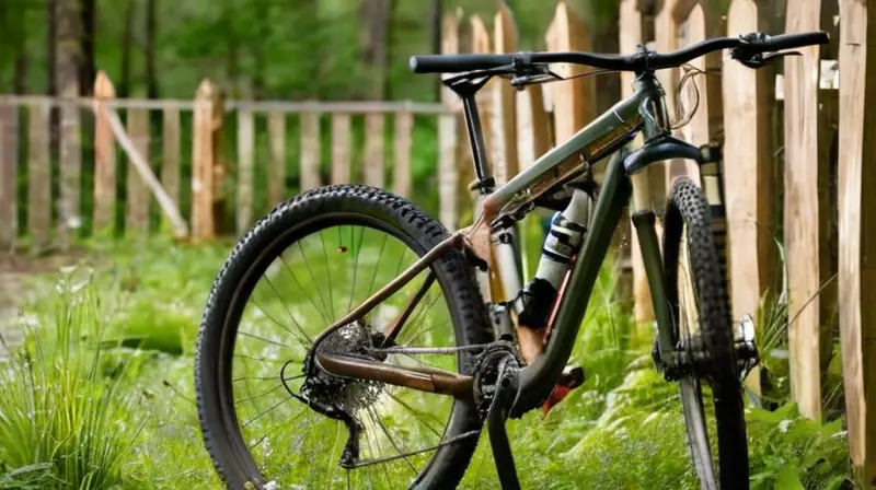 Una bicicleta de montaña robusta reposa contra una cerca de madera, destacando su marco metálico y detalles vibrantes en un entorno natural