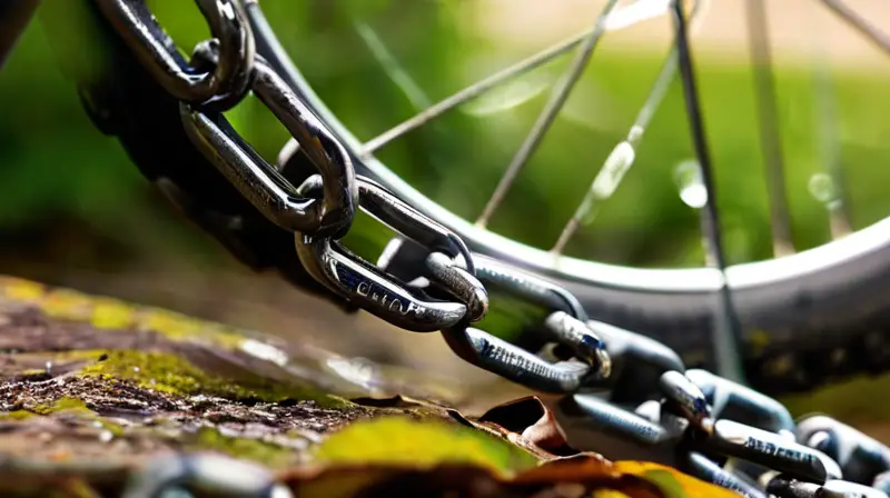 Un primer plano de una cadena de bicicleta lubricada brilla bajo la luz, con detalles nítidos y un fondo desenfocado