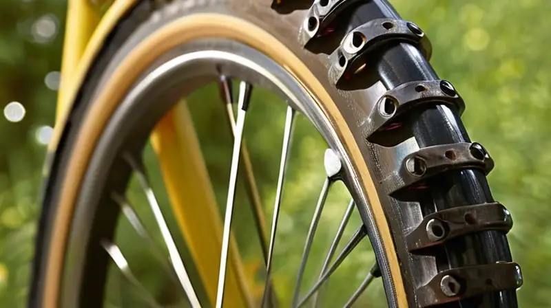 Una cadena de bicicleta brillante con lubricante muestra detalles de desgaste, contrastando con el marco mate y rodeada de un suave fondo iluminado por luz natural