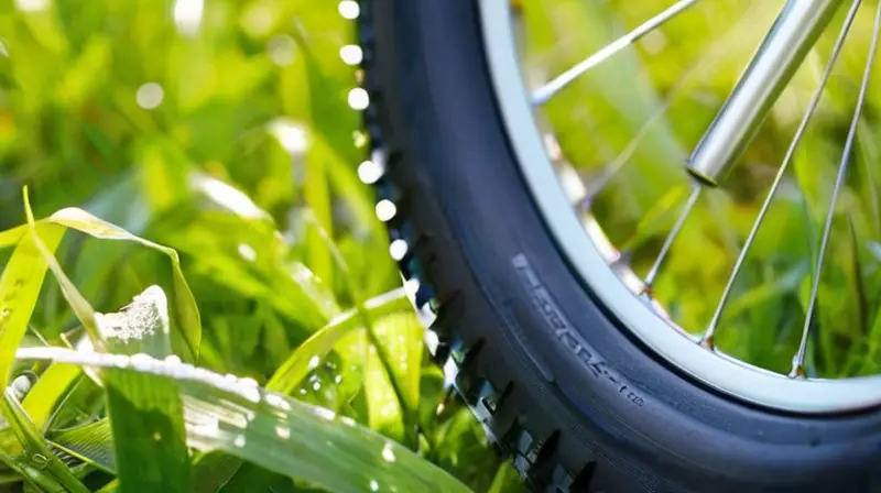 Una imagen cercana de una llanta de bicicleta con rocío, luz filtrándose entre las hojas y un adaptador de válvula Presta al lado