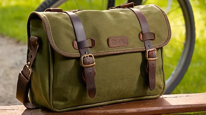 Una alforja de bicicleta de lona verde oliva con correas de cuero y detalles en metal