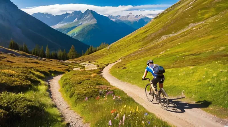 Un paisaje montañoso con picos escarpados, cumbres nevadas, ciclistas en coloridos maillots y un entorno natural vibrante y dinámico