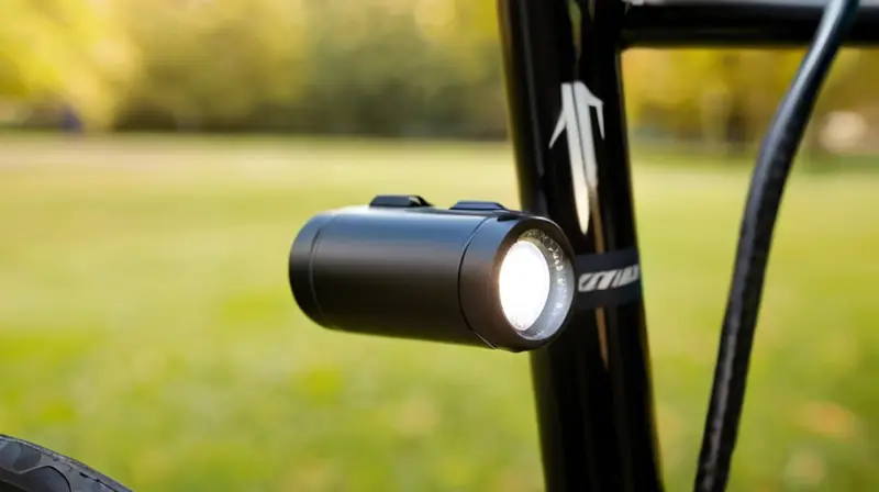 Un sensor negro compacto y brillante está montado en un marco de bicicleta mate, con detalles intrincados y un LED suave, rodeado de luz natural y sombras sutiles