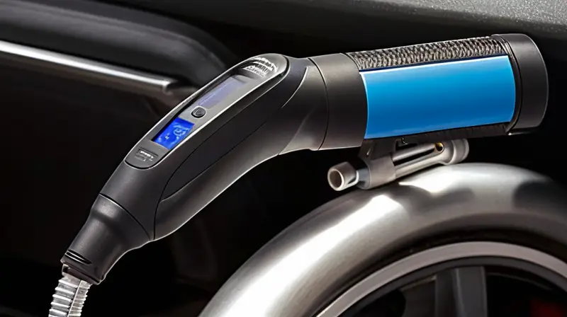 Bomba eléctrica compacta y elegante con pantalla digital y diseño ergonómico, ambientada en un garaje iluminado