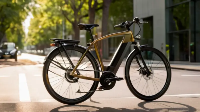 Una eBike elegante brilla al sol en una calle, rodeada de árboles y con un ambiente vibrante