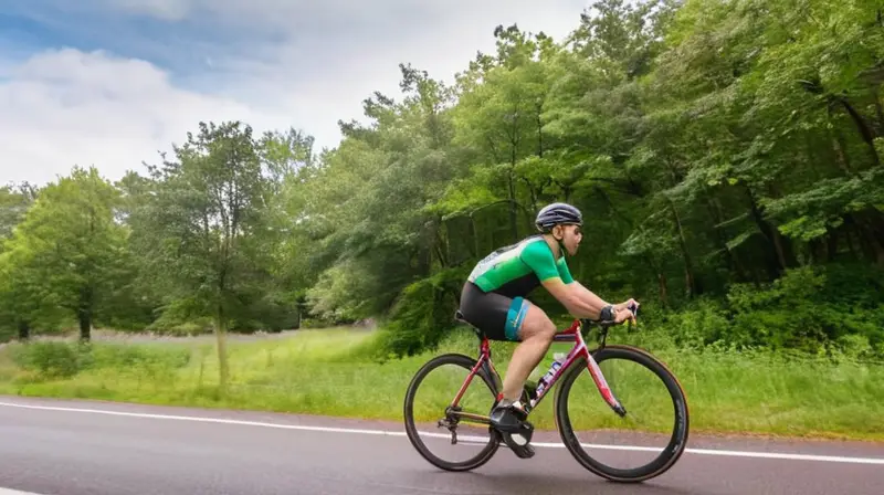 Un ciclista en un jersey verde brillante pedalea rápidamente en una bicicleta roja