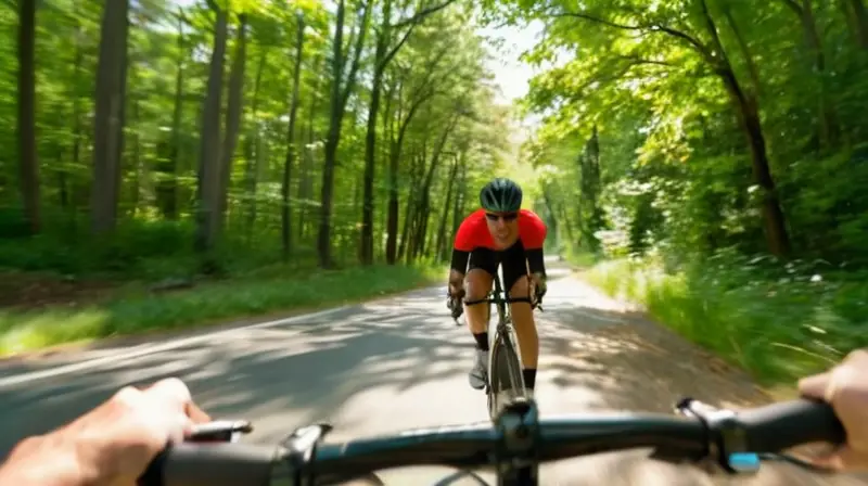 Un ciclista con jersey rojo y casco negro avanza concentrado por un camino soleado, rodeado de naturaleza y en movimiento