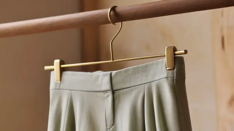 Unas culottes de tela suave y color aspen cuelgan elegantemente en un perchero de madera