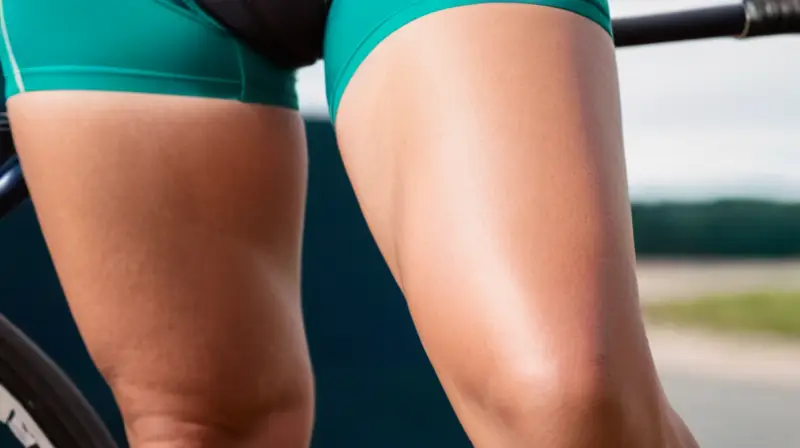 Un primer plano de un culotte de ciclismo verde Aspen, con textura suave, detalles de costura, almohadilla visible y un ambiente ciclista desenfocado