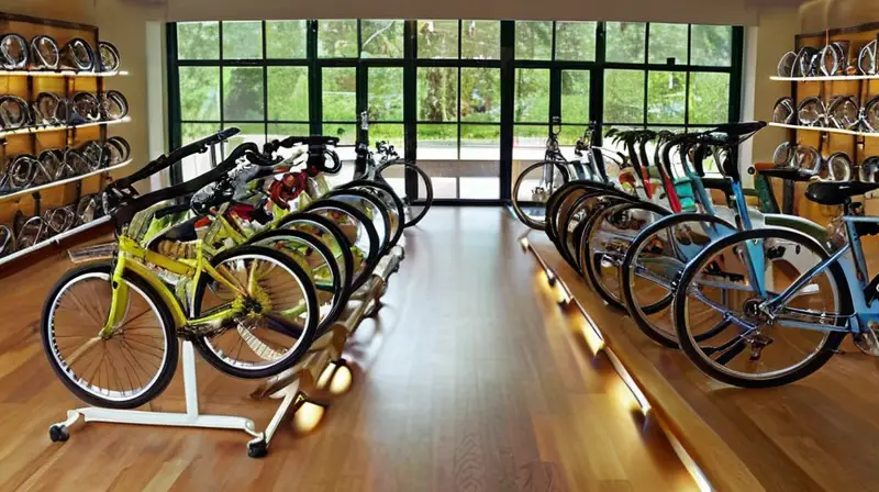 Una acogedora tienda de bicicletas bien iluminada exhibe elegantes bicicletas Bergamont y un ambiente natural, invitando a los clientes a explorar la sostenibilidad