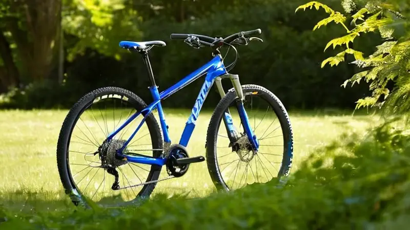 Una bicicleta de montaña Berria Mako de color azul metálico brilla al sol, destacando su diseño elegante y detalles de calidad en un entorno natural