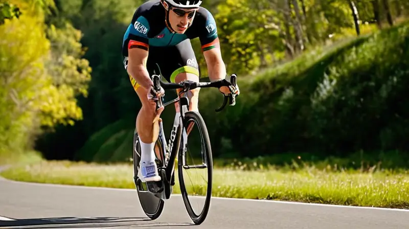 Una bicicleta de carreras de carbono con diseño aerodinámico y minimalista, en un entorno dinámico y luminoso, muestra a un ciclista enérgico en plena acción