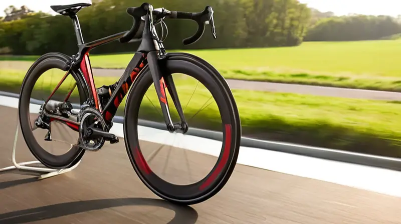 Bicicleta de diseño aerodinámico en negro brillante con detalles rojos, fabricada en fibra de carbono, equipada con neumáticos de alto rendimiento y componentes pulidos que destacan su velocidad y precisión