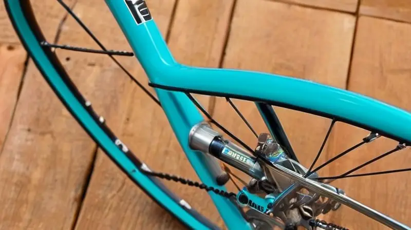 Una bicicleta de carreras Bianchi celeste, brillante y pulida, destaca en un entorno natural con detalles en fibra de carbono y un diseño atractivo