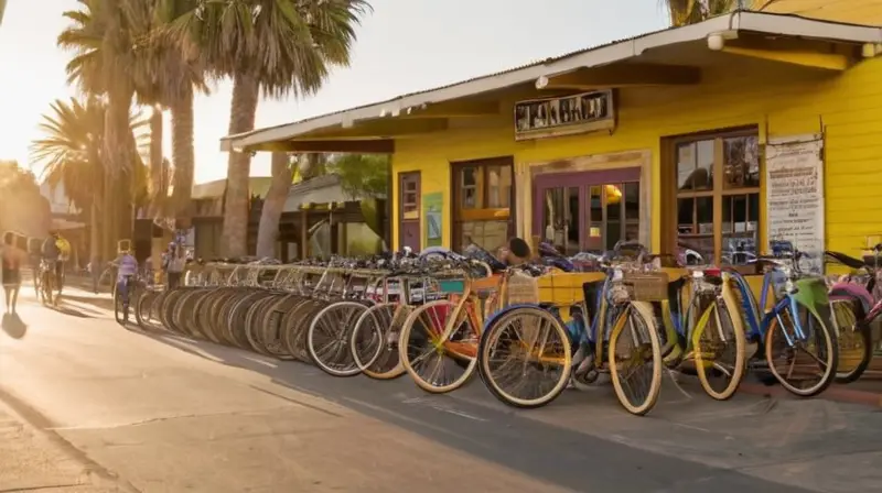 Una animada escena callejera en Santa Cruz con bicicletas de diversos estilos y colores, gente curiosa y un ambiente comunitario