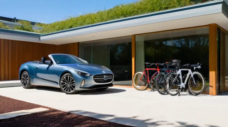 Un elegante coche plateado con bicicletas en el techo brilla bajo el sol en un entorno armonioso