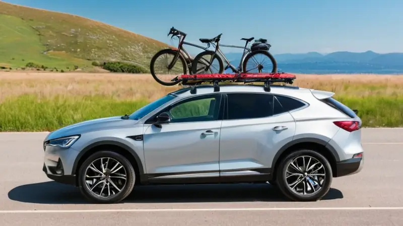 Un elegante coche plateado con bicicletas en el techo brilla bajo un cielo azul, evocando aventura y preparación para el viaje