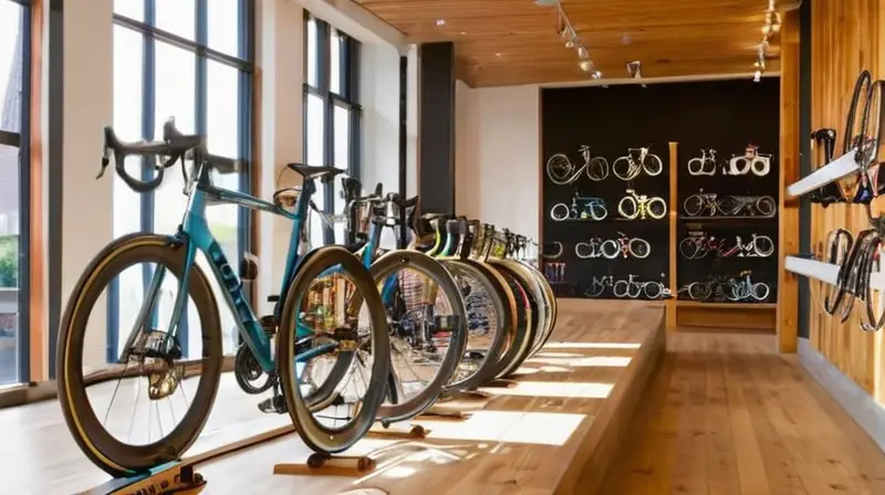 Una acogedora tienda de bicicletas bien iluminada exhibe coloridas bicicletas de segunda mano y equipo de ciclismo, creando un ambiente cálido y activo