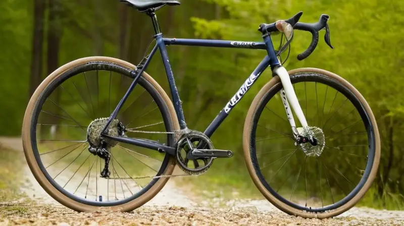 Una bicicleta de ciclocross usada, con un marco negro mate y detalles metálicos, se destaca en un camino de grava bajo la luz natural