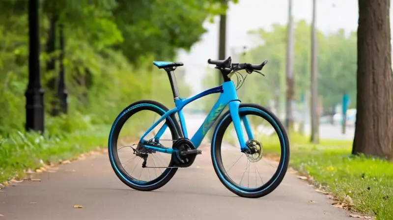 Bicicleta futurista con diseño aerodinámico, neumáticos anchos, marco metálico brillante y detalles en azul eléctrico y verde neón