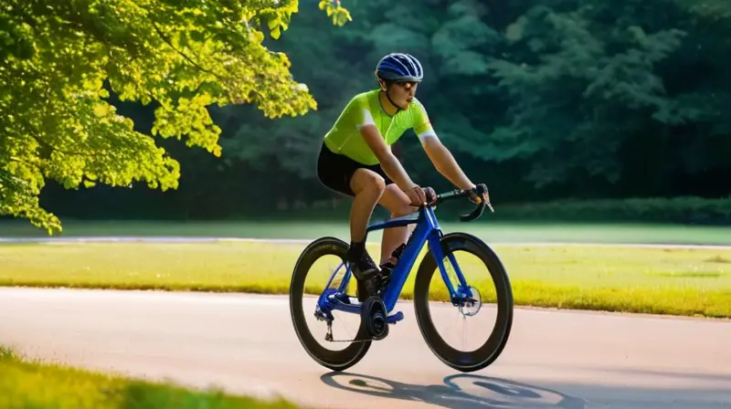 Bicicleta aerodinámica de carbono con acabado metálico azul, asiento ergonómico y diseño futurista, en un parque verde con ciclistas en movimiento bajo un cielo azul