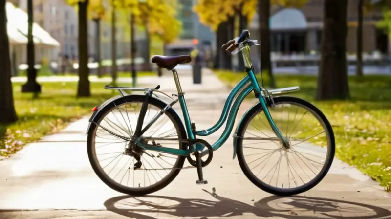 Una bicicleta plegable compacta y elegante destaca en un entorno urbano vibrante, reflejando luz y movilidad