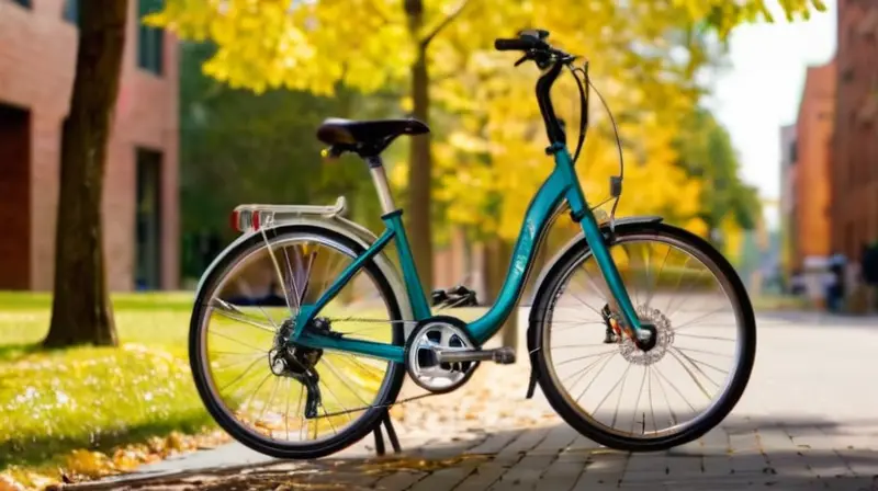 Bicicleta plegable compacta y elegante en un entorno urbano vibrante