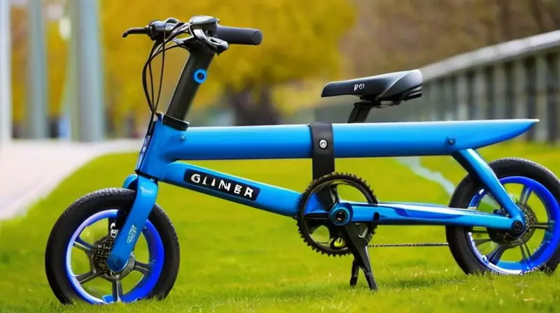 Bicicleta eléctrica plegable de diseño compacto y elegante, con marco metálico brillante y detalles en azul