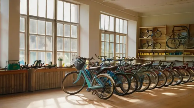 Una acogedora tienda de bicicletas de segunda mano, iluminada por la luz del sol, con un ambiente cálido y organizado que refleja comunidad y sostenibilidad