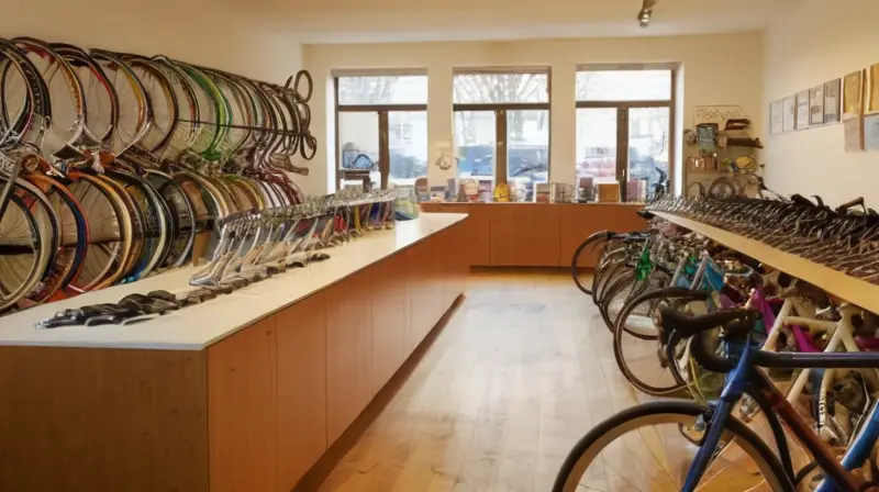 Una acogedora tienda de bicicletas llena de luz natural, con bicicletas de segunda mano, un amable vendedor conversando con un cliente y un ambiente vibrante que refleja comunidad
