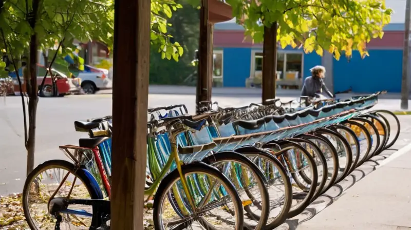 Una tienda de bicicletas de segunda mano al aire libre, iluminada por el sol, con bicicletas de colores vibrantes y un ambiente acogedor