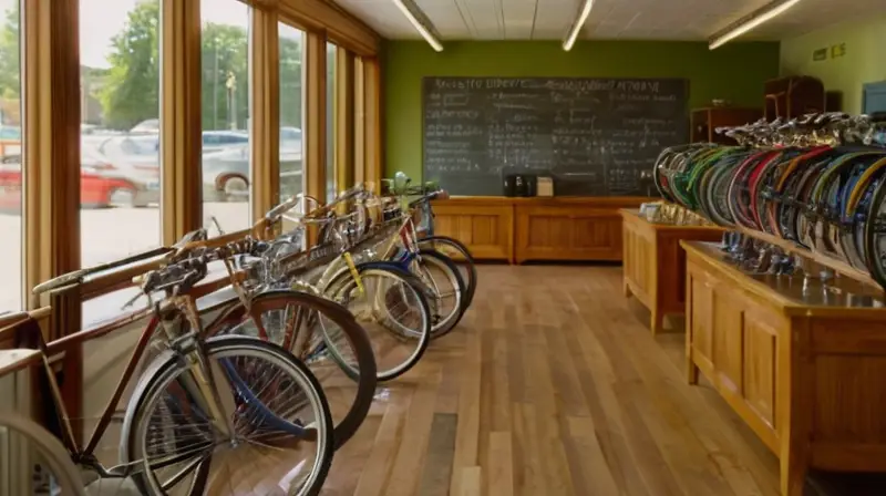 Una animada tienda de bicicletas con luz natural, bicicletas de segunda mano coloridas, un amable vendedor conversando con un cliente y un ambiente comunitario