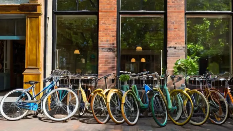 Un bullicioso mercado al aire libre con bicicletas de segunda mano, luz dorada, y un ambiente comunitario vibrante