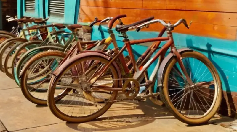 Una escena al aire libre con bicicletas de colores brillantes contra una pared de ladrillo