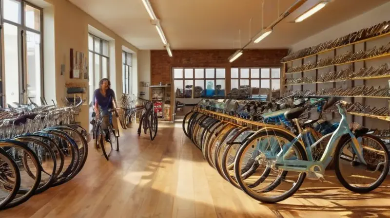 Una acogedora tienda de bicicletas iluminada por el sol, llena de bicicletas de segunda mano y un amable vendedor atendiendo a un cliente