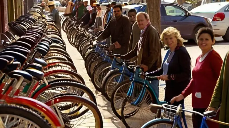 Un bullicioso mercado al aire libre con bicicletas de segunda mano, un vendedor sonriente y un ambiente comunitario lleno de vida