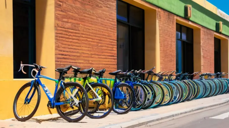 Una calle soleada en Las Palmas muestra bicicletas alineadas junto a una tienda de ciclismo, con un ambiente comunitario y compromiso ambiental