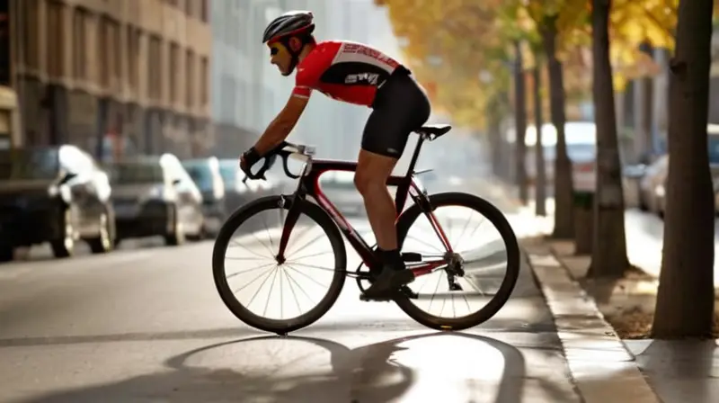 Una bicicleta de carretera roja y negra, brillante y aerodinámica, es manejada con urgencia por un repartidor en una calle urbana iluminada por la hora dorada