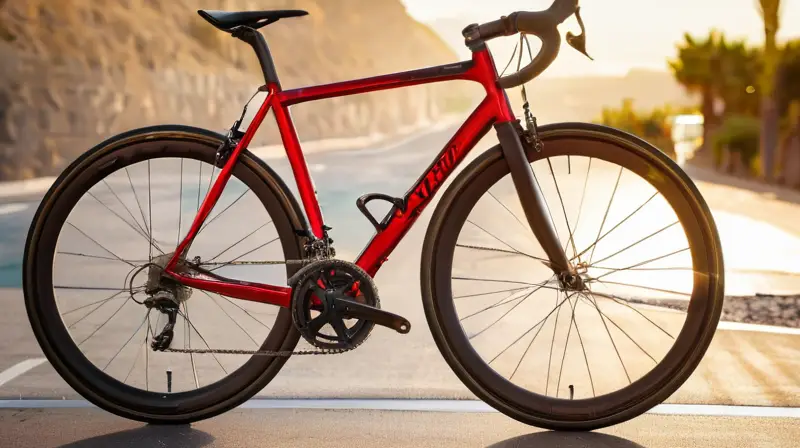 Una bicicleta de carretera elegante y brillante en rojo y negro, con detalles metálicos y un fondo soleado en Las Palmas