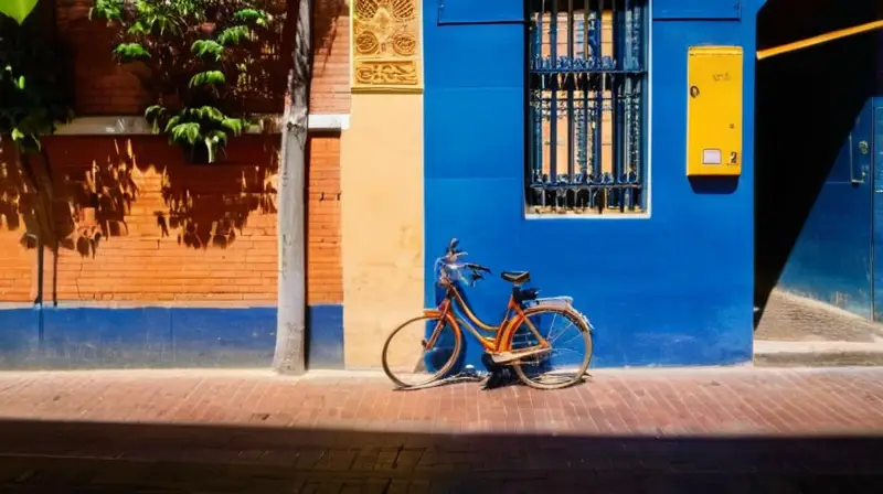 Una animada calle de Sevilla bajo el cálido sol, con sombras de árboles, una bicicleta desgastada, un furgón de entrega y peatones en movimiento, reflejando la esencia de la vida urbana
