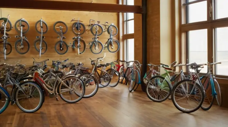 Una acogedora tienda de bicicletas de segunda mano, iluminada por la luz del sol, con bicicletas de colores, un mostrador rústico y un cliente inspeccionando una bicicleta