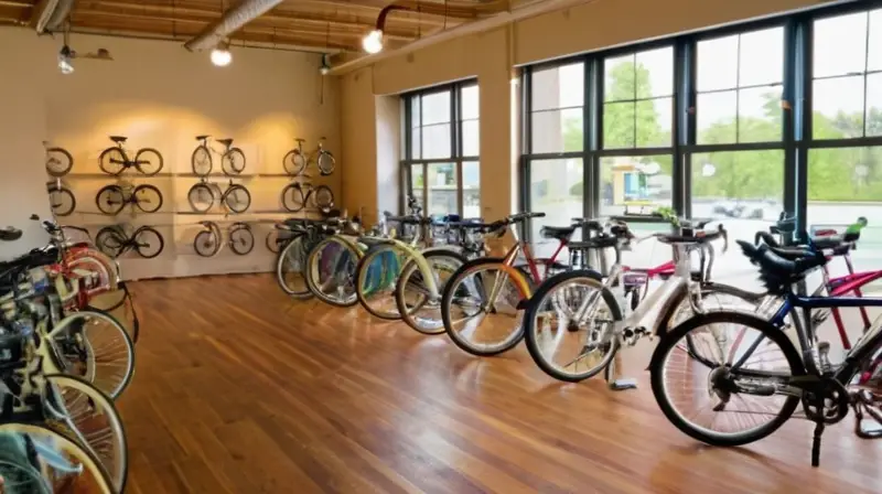 Una acogedora tienda de bicicletas bien iluminada, con bicicletas de segunda mano organizadas y un ambiente vibrante