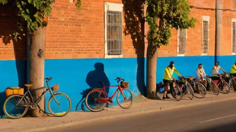 Una animada calle de Valladolid con bicicletas de segunda mano, un repartidor asegurando una bicicleta, y un ambiente comunitario lleno de luz y actividad