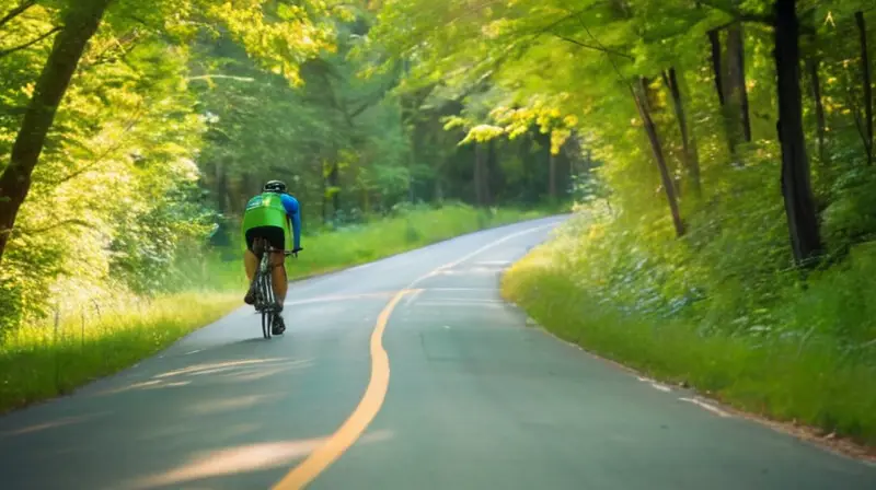 Un ciclista con jersey verde y casco negro pedalea por un camino rodeado de árboles, bajo un cielo azul y con colinas al fondo