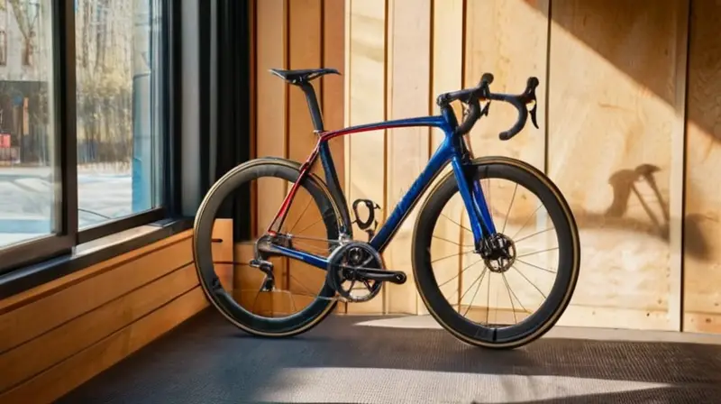 Una bicicleta de carretera aerodinámica y elegante, con un marco de aluminio pulido y detalles en fibra de carbono, se destaca en un entorno acogedor de una tienda de bicicletas durante la hora dorada